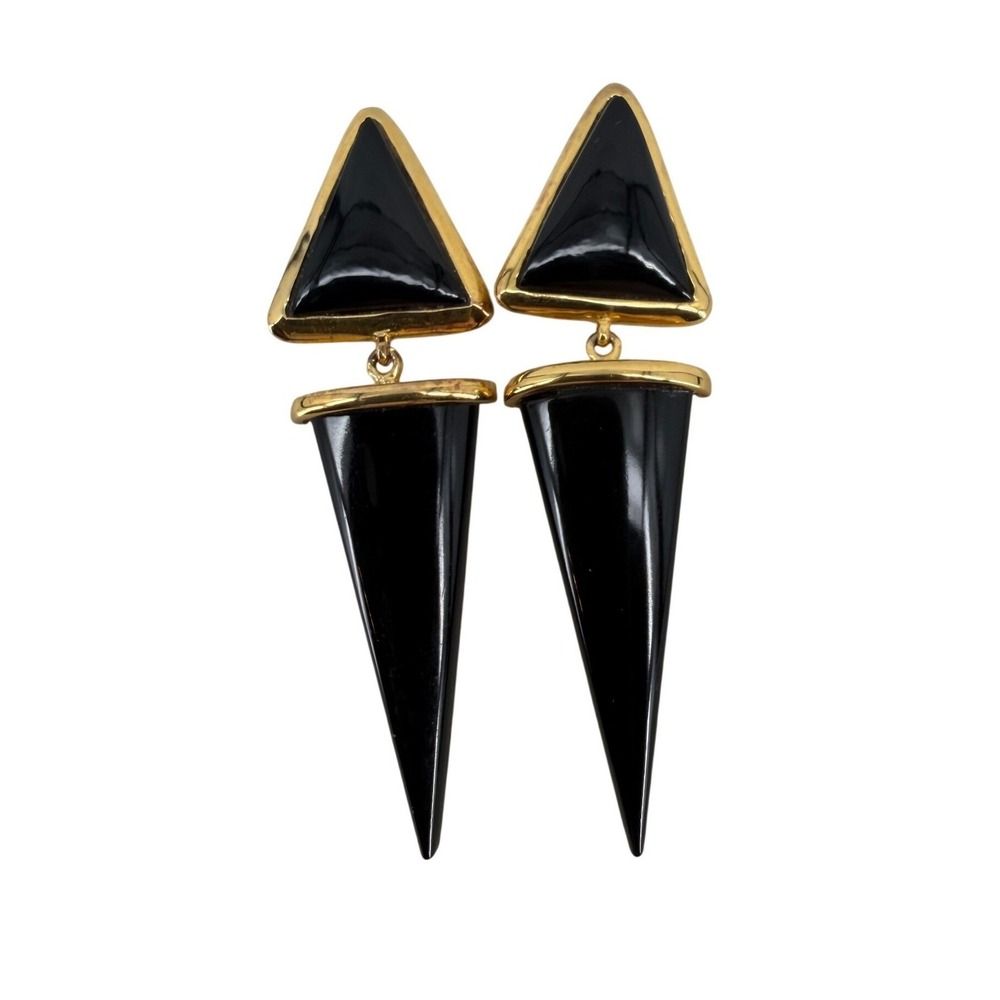 Vintage 925 India Sterling Silver Gold Plated Black Triangle Spike Drop Earrings